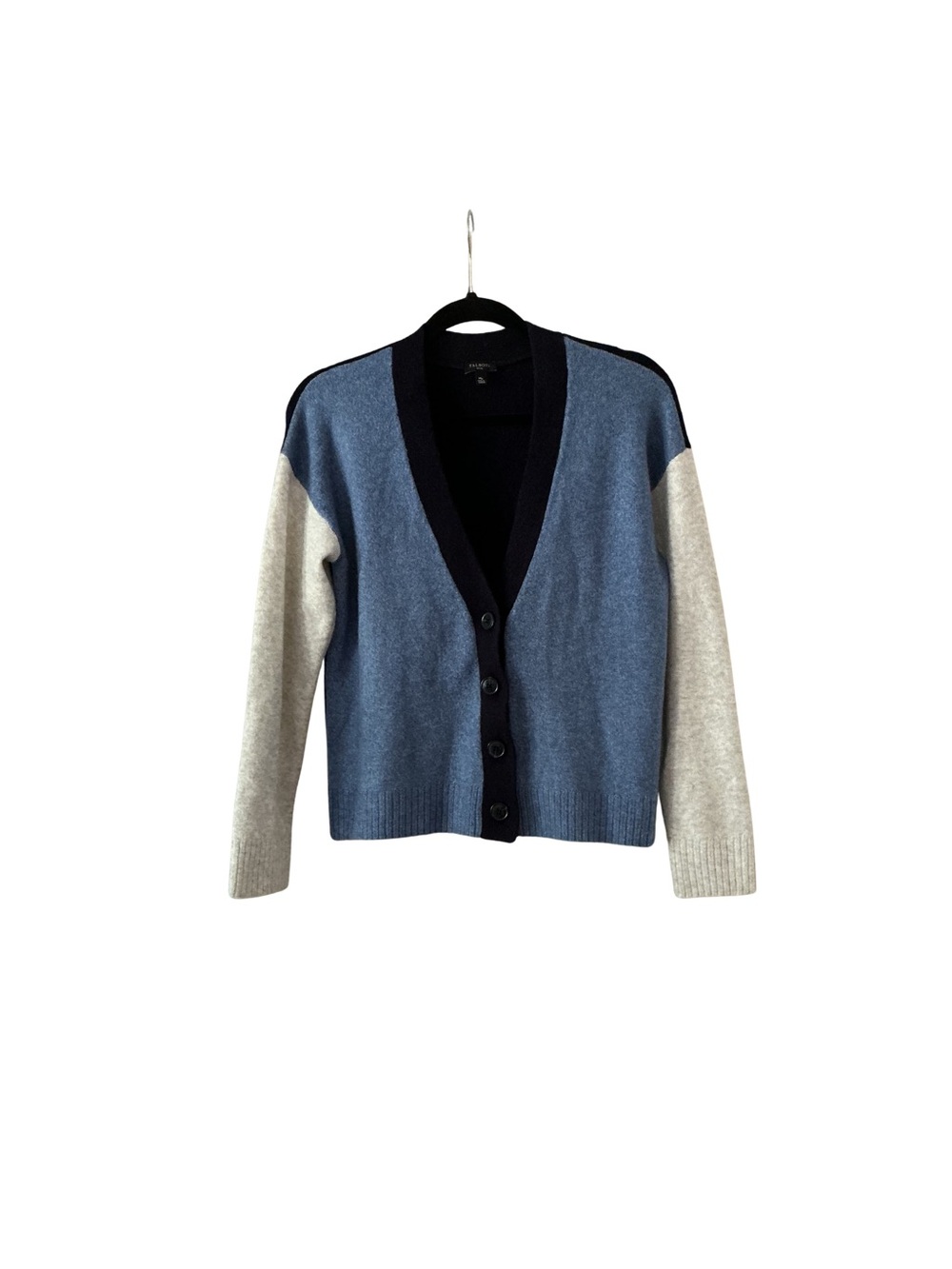 Talbots Blue and Gray Colorblock V-Neck Cardigan with Dark Blue Trim
